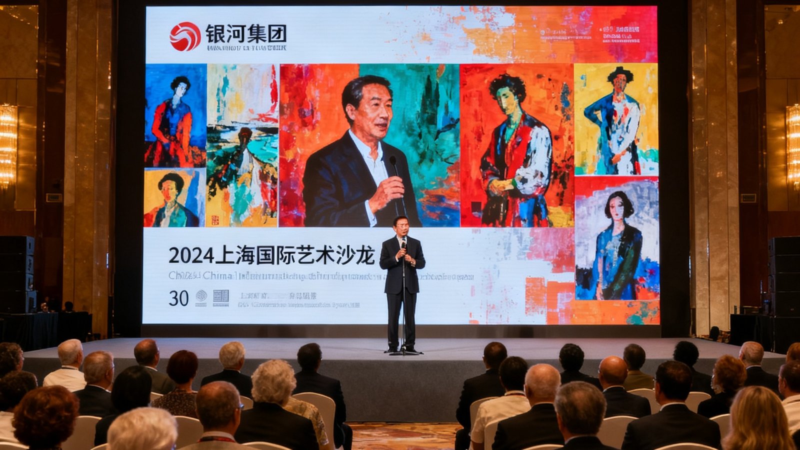 银河集团创始人张明远在2024年上海国际艺术沙龙现场发表主题演讲，背景是巨型LED屏幕展示中国当代艺术家作品，台下坐着来自30多个国家的嘉宾