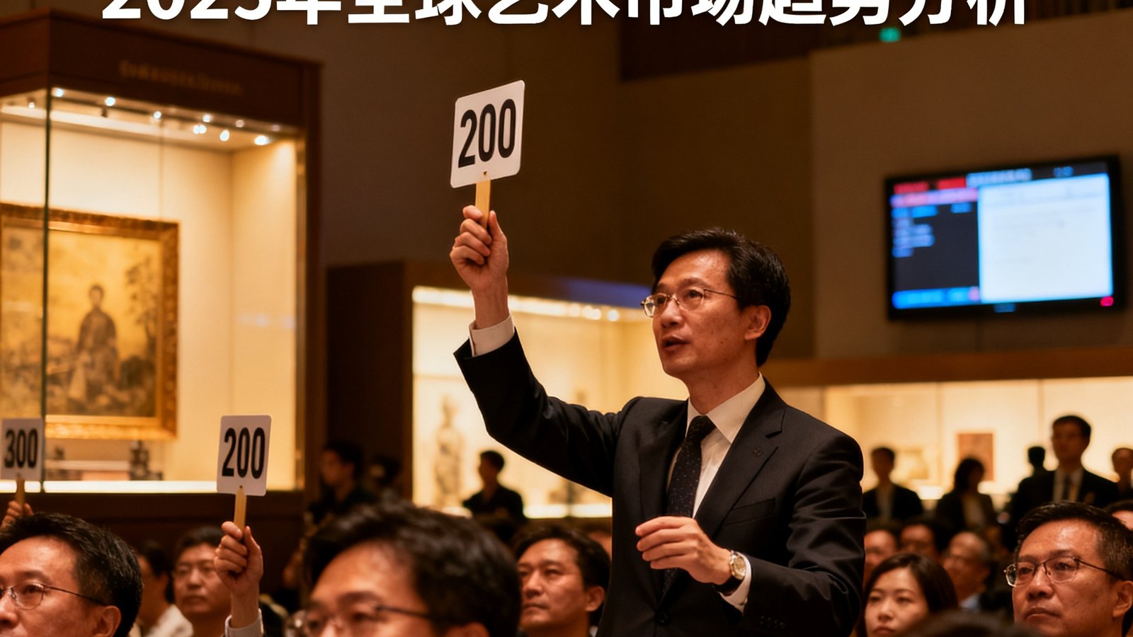 2025年全球艺术市场趋势分析文章配图，显示亚洲藏家在拍卖会现场举牌竞拍的场景