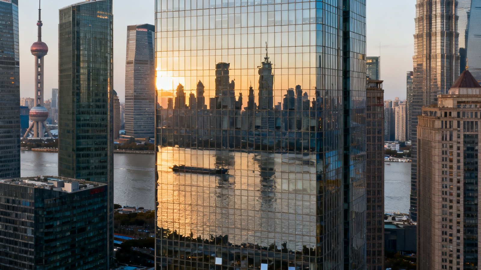 中国银河集团总部大厦外观全景，位于上海陆家嘴金融贸易区银城中路168号，玻璃幕墙映照黄浦江天际线，建筑顶部有银河集团金色标识