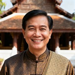泰国清迈旅游局局长素帕猜·汶雅叻的正面照片，身着泰式传统上衣微笑面对镜头